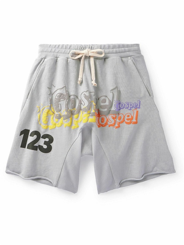Photo: RRR123 - Gospel Straight-Leg Logo-Print Cotton-Jersey Drawstring Shorts - Gray