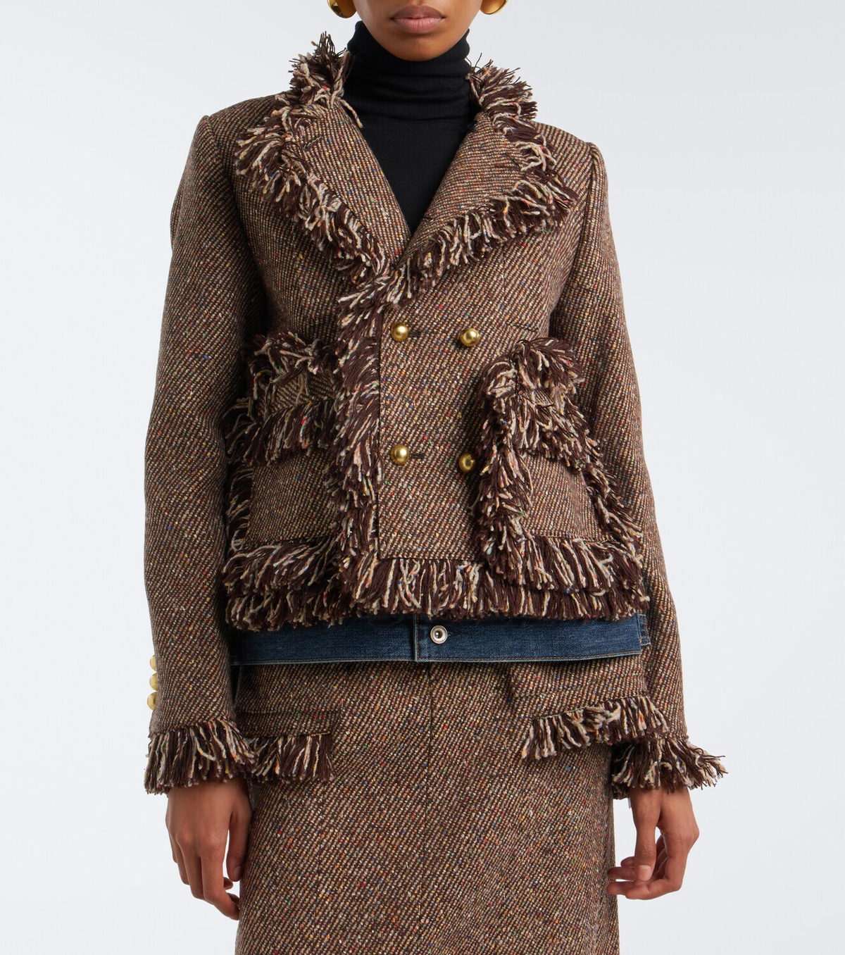 Sacai Fringed tweed and denim jacket