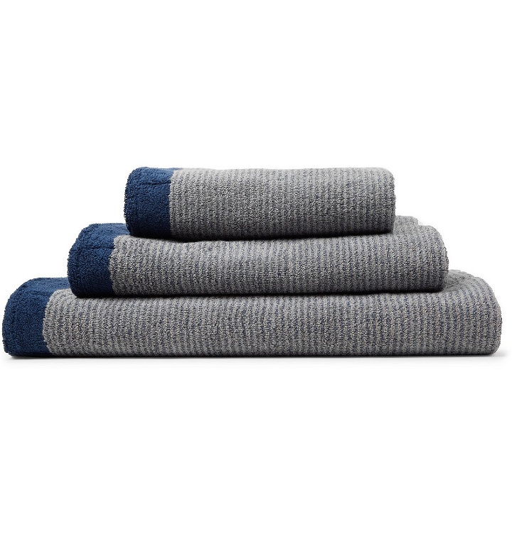 Photo: Cleverly Laundry - Set of Three Striped Cotton-Terry Bath Towels - Blue