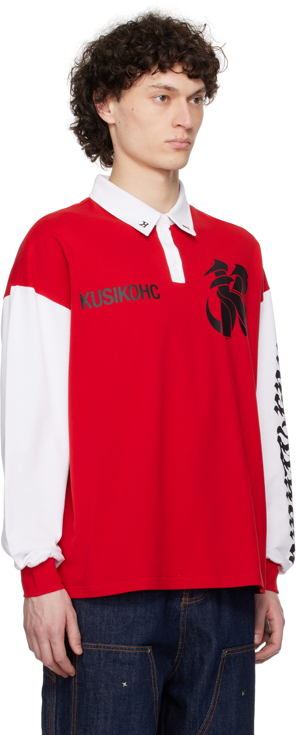 KUSIKOHC Red & White Rugby Long Sleeve Polo