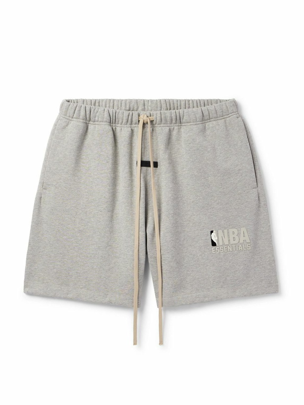 Photo: FEAR OF GOD ESSENTIALS - NBA Straight-Leg Appliquéd Cotton-Blend Jersey Drawstring Shorts - Gray