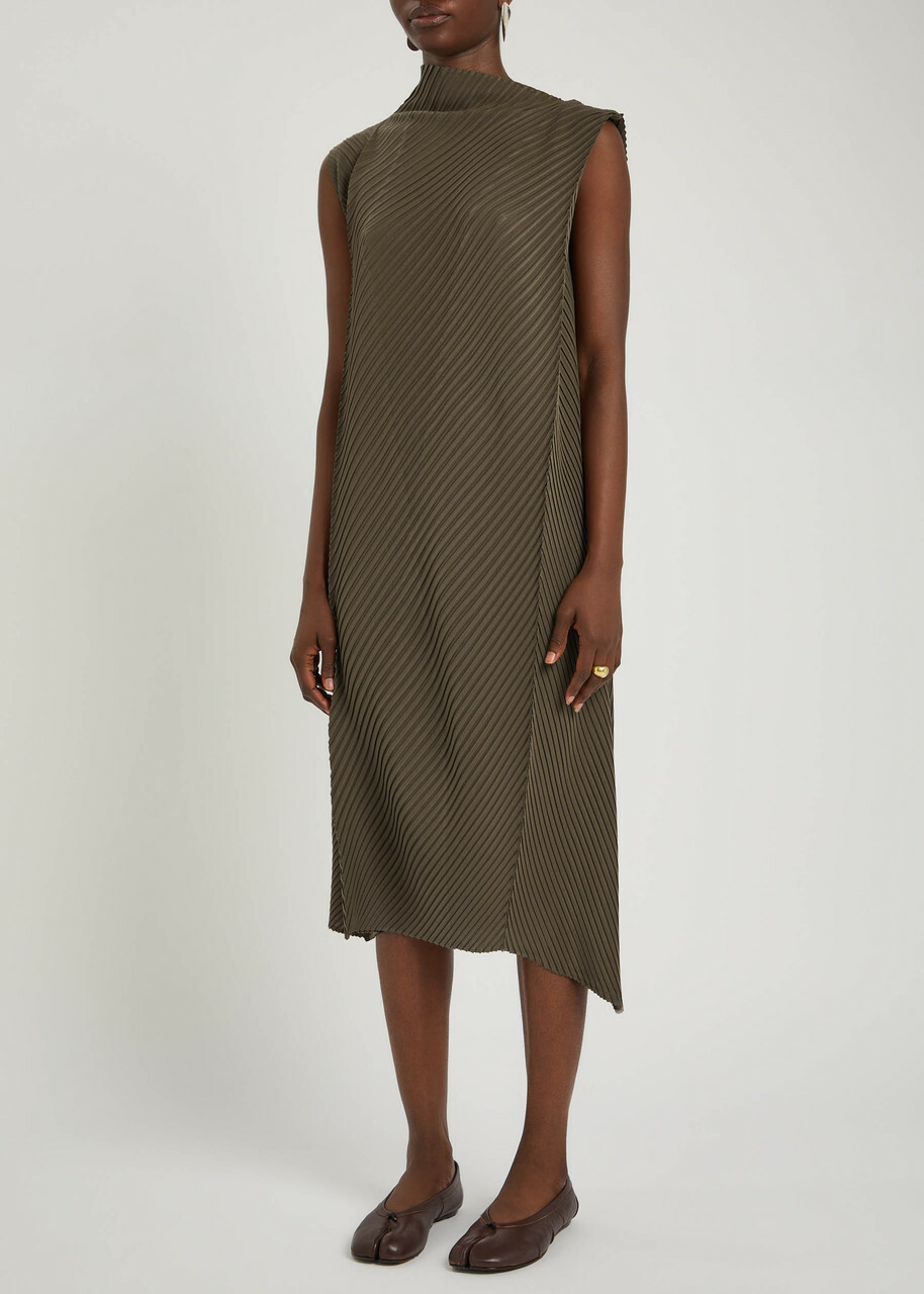 Issey Miyake Pleated Satin-plissé Midi Dress Khaki