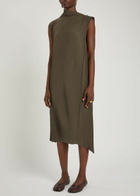 Issey Miyake Pleated Satin-plissé Midi Dress Khaki