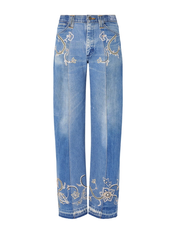 Photo: Kartik Research - Straight-Leg Distressed Bead-Embellished Jeans - Blue