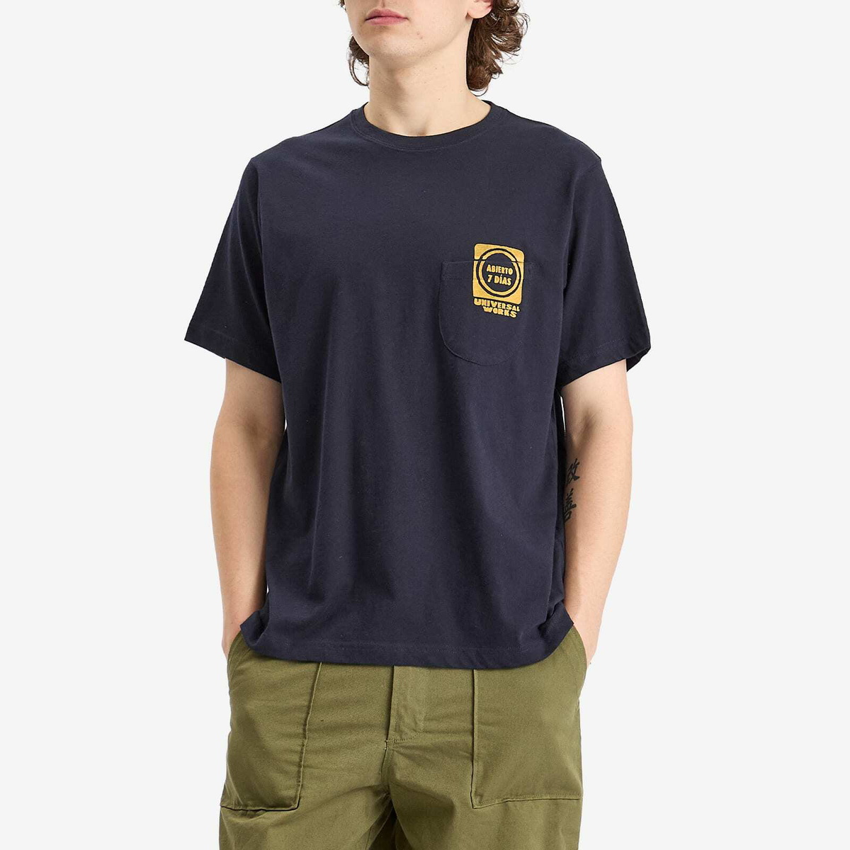 Universal Works Men's Print Pocket T-Shirt in Navy/Yellow