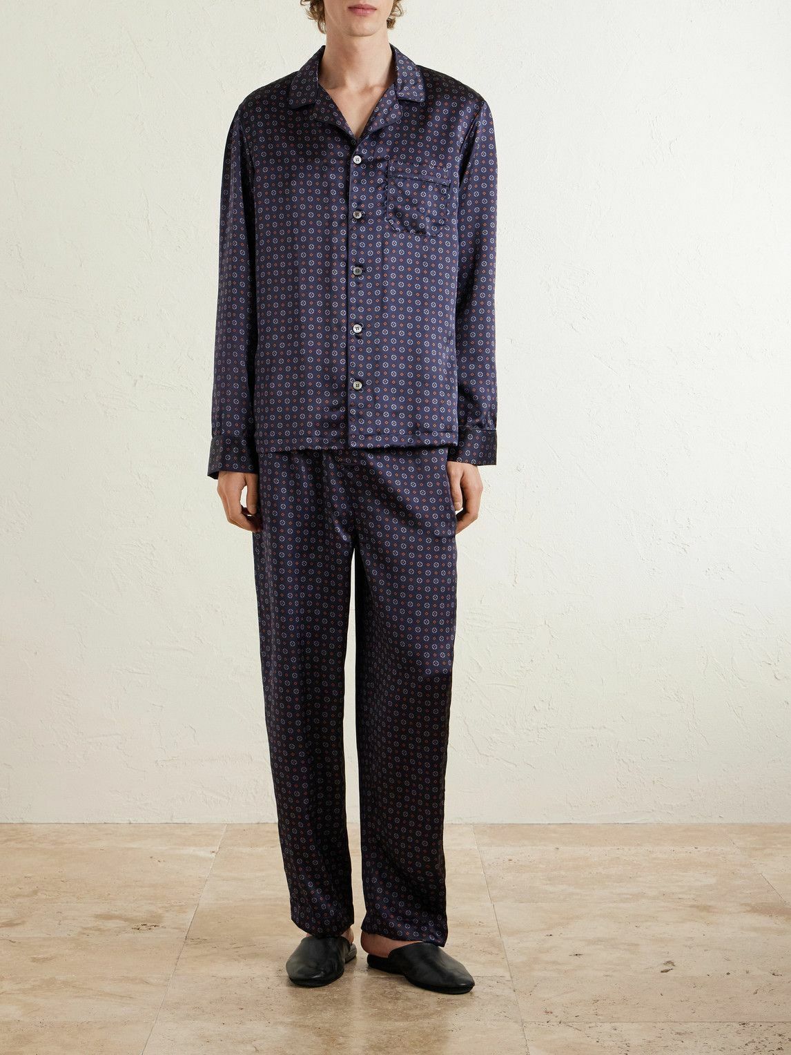 Derek Rose - Brindisi 127 Camp-Collar Printed Silk-Satin Pyjama Set - Blue