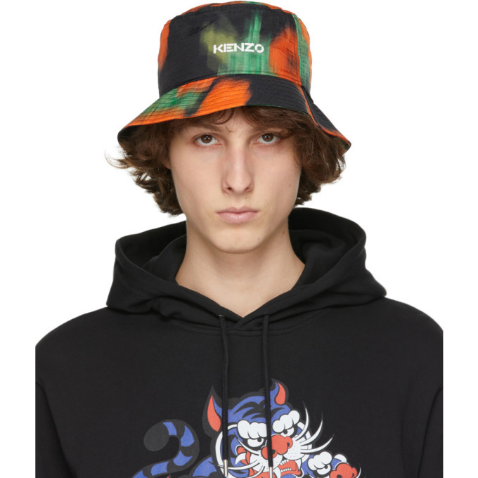 Photo: Kenzo Black and Orange Flowers Logo Bucket Hat