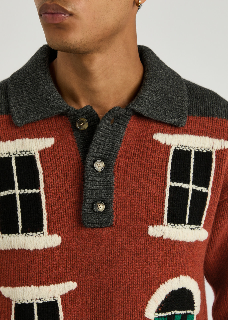 JW Anderson House-intarsia Wool Polo Jumper Dark Brown