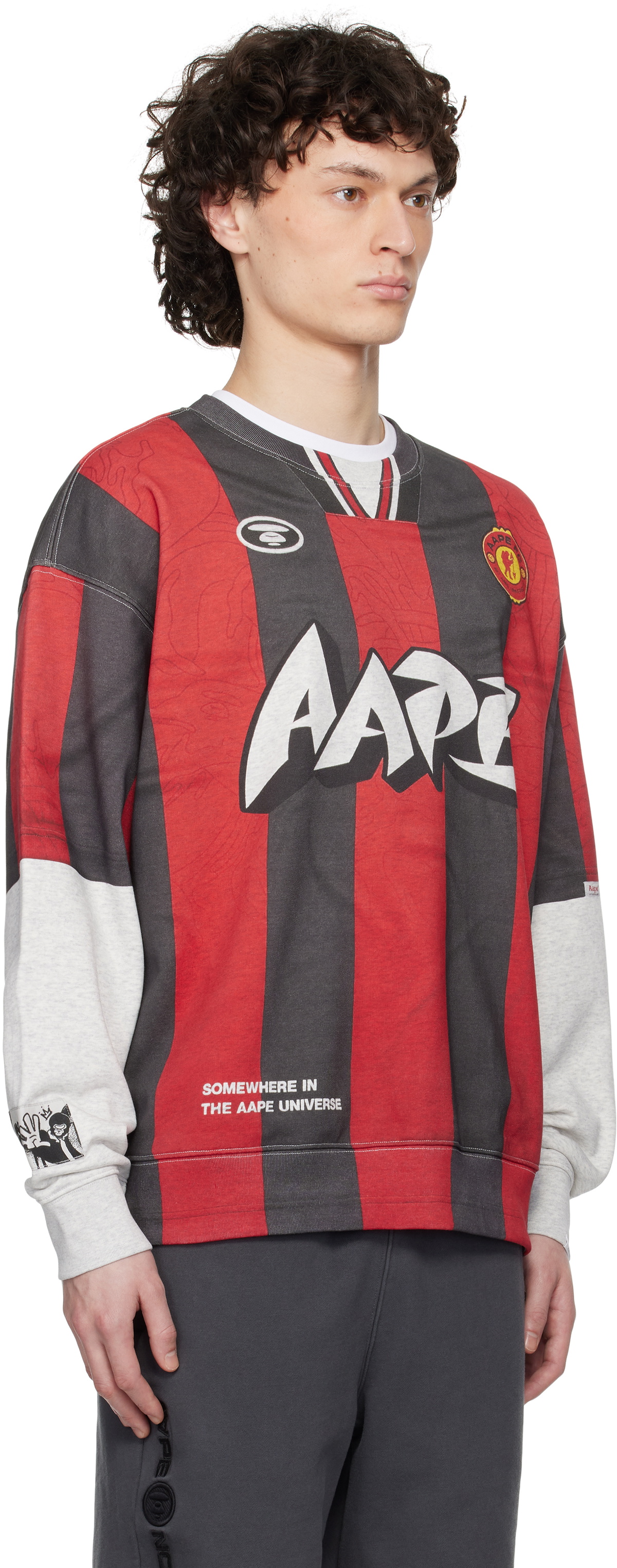 AAPE by A Bathing Ape Gray & Red Moonface Main Crewneck Sweatshirt