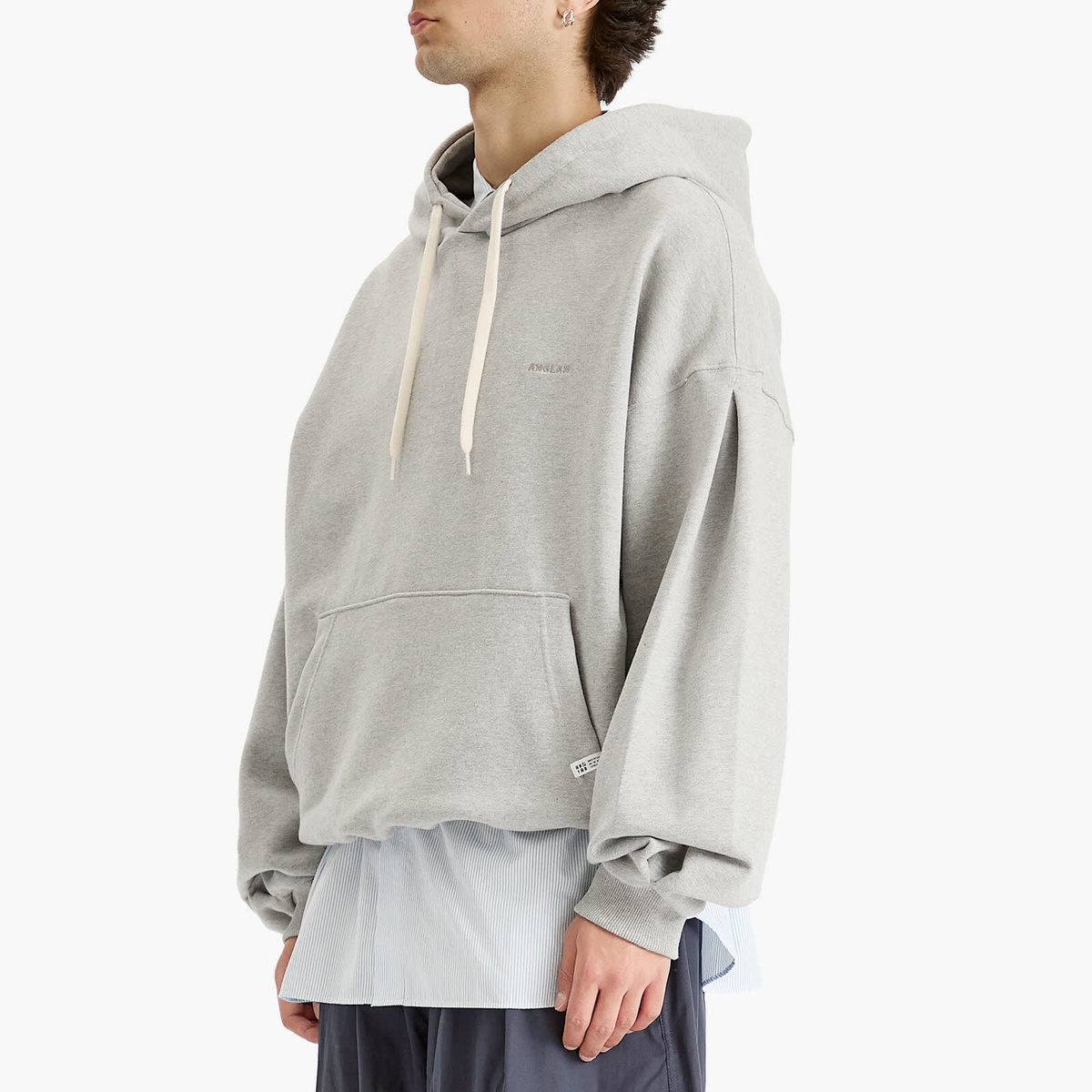 Anglan Men's Valley Tuck Sweat Balloon Hoodie in Melange Grey 