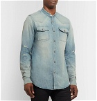 Balmain - Slim-Fit Grandad-Collar Logo-Embroidered Distressed Denim Shirt - Light denim