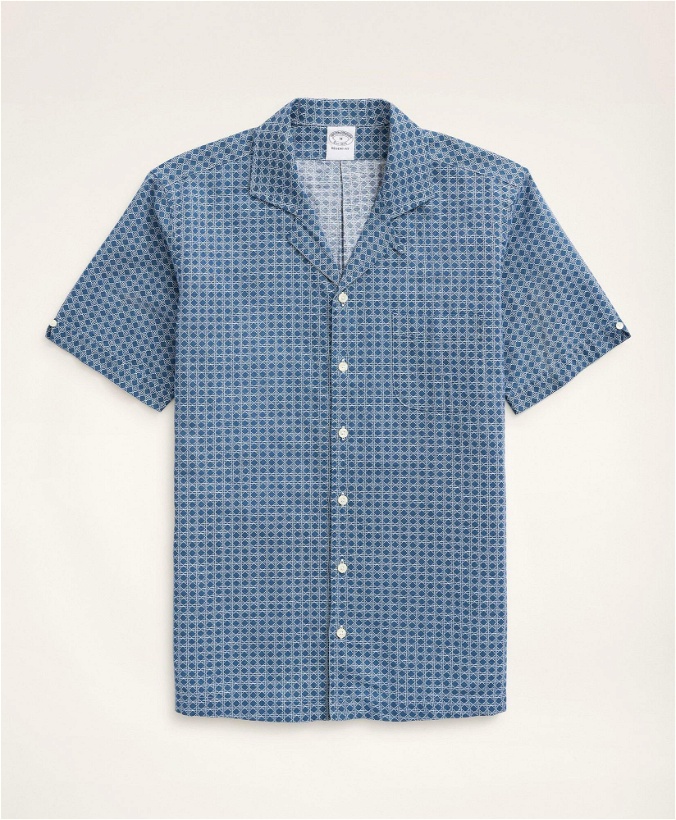 Photo: Brooks Brothers Men's Regent Regular-Fit Short-Sleeve Cane Print Linen Sport Shirt | Dark Blue