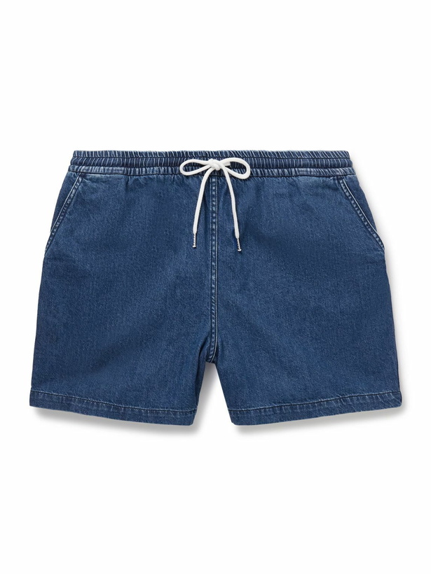 Photo: Drake's - Slim-Fit Straight-Leg Stone-Washed Denim Drawstring Shorts - Blue