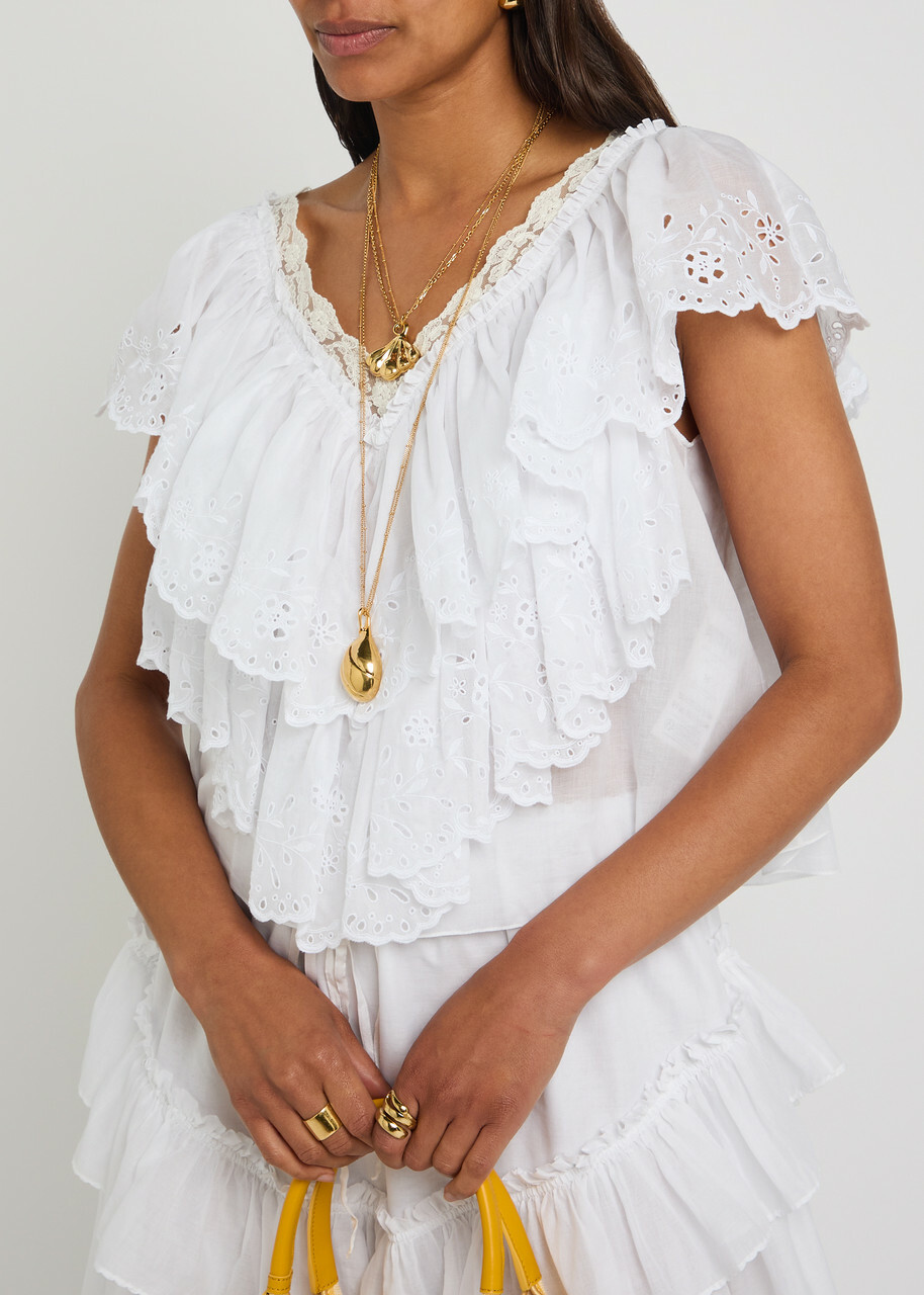 Chloe Embroidered Ruffled Cropped Cotton top White