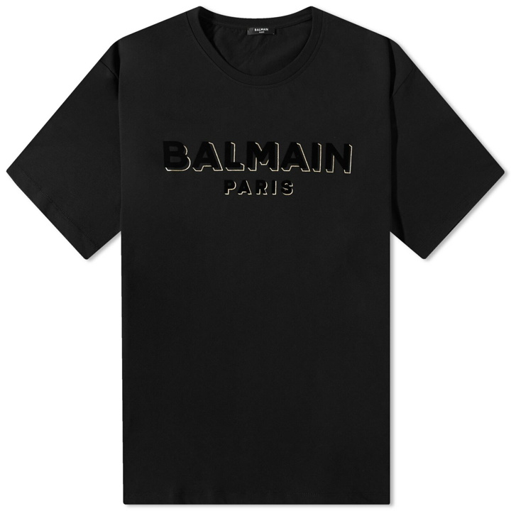 Photo: Balmain Men's Flock & Foil Paris Logo T-Shirt in Black/Gold