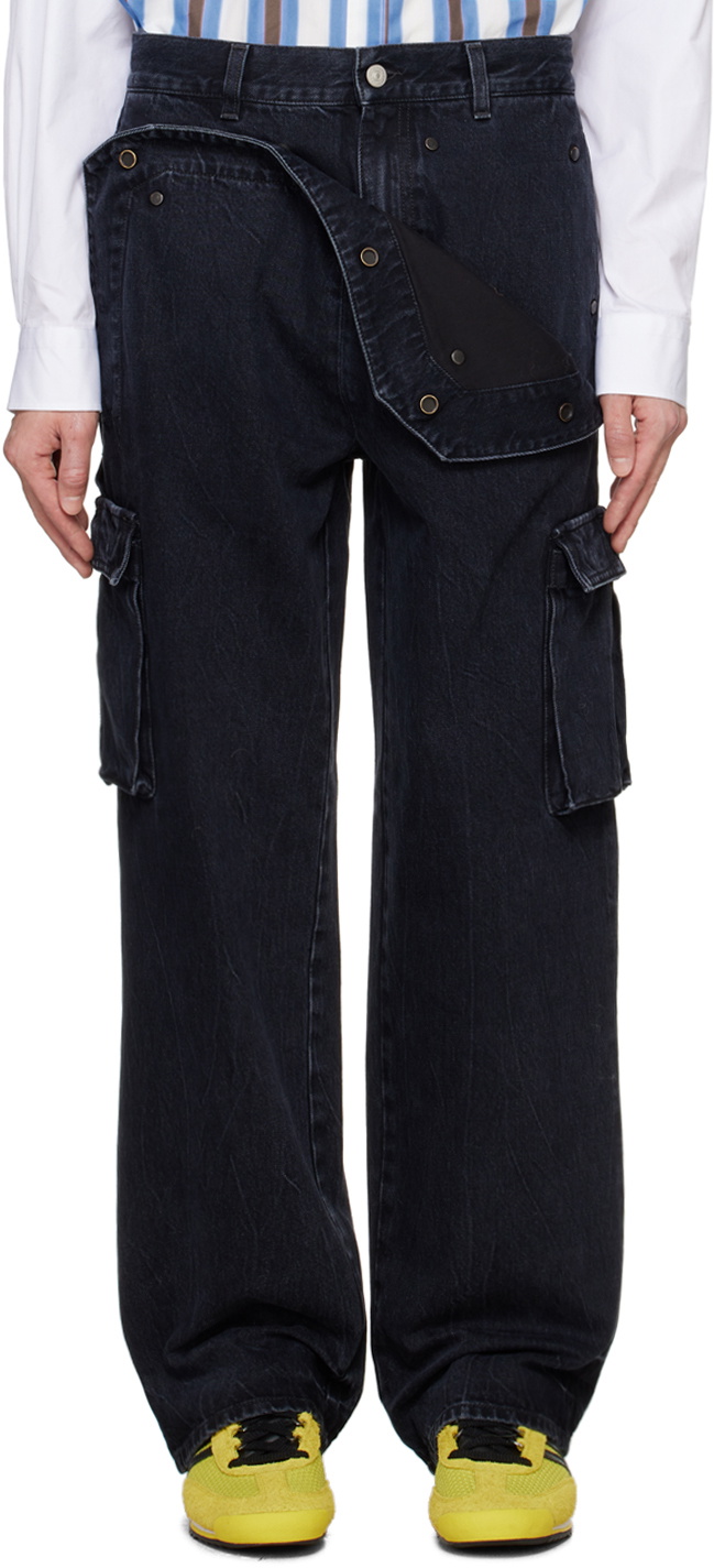 le PÈRE Black Peek-A-Boo Denim Cargo Pants