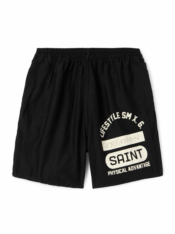 Photo: SAINT Mxxxxxx - Straight-Leg Logo-Print Cotton-Jersey Shorts - Black