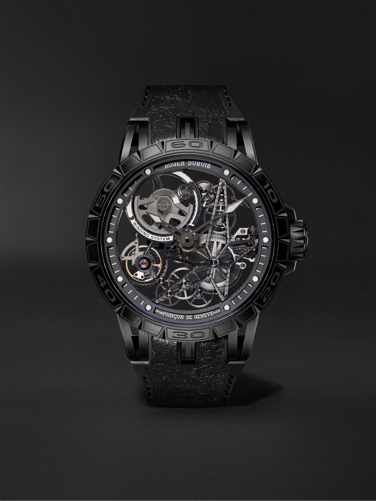 Photo: Roger Dubuis - Excalibur Spider Pirelli Automatic Skeleton 45mm Black DLC-Coated Titanium and Rubber Watch, Ref. No. RDDBEX0826
