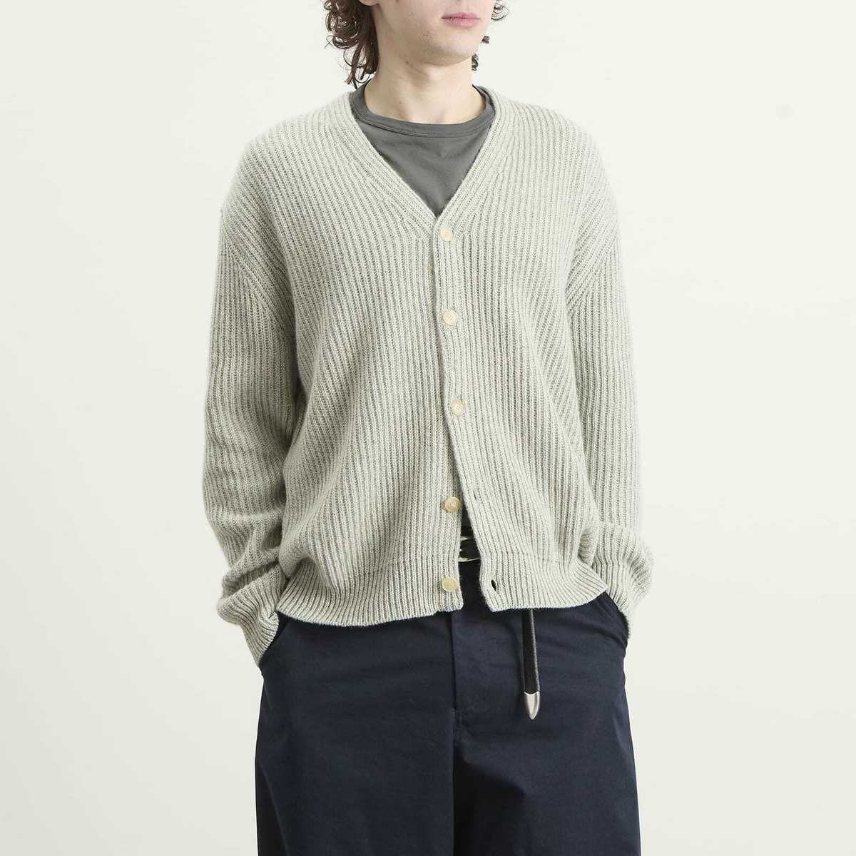 Auralee Men's Cashmere Silk Melange Knit Cardigan in Mix Mint Gray