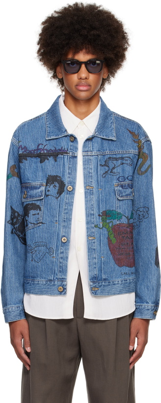 Photo: Small Talk Studio SSENSE Exclusive Blue Hand-Drawn Jacquard Stripe Denim Trucker Jacket