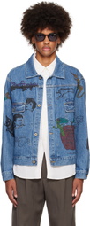 Small Talk Studio SSENSE Exclusive Blue Hand-Drawn Jacquard Stripe Denim Trucker Jacket