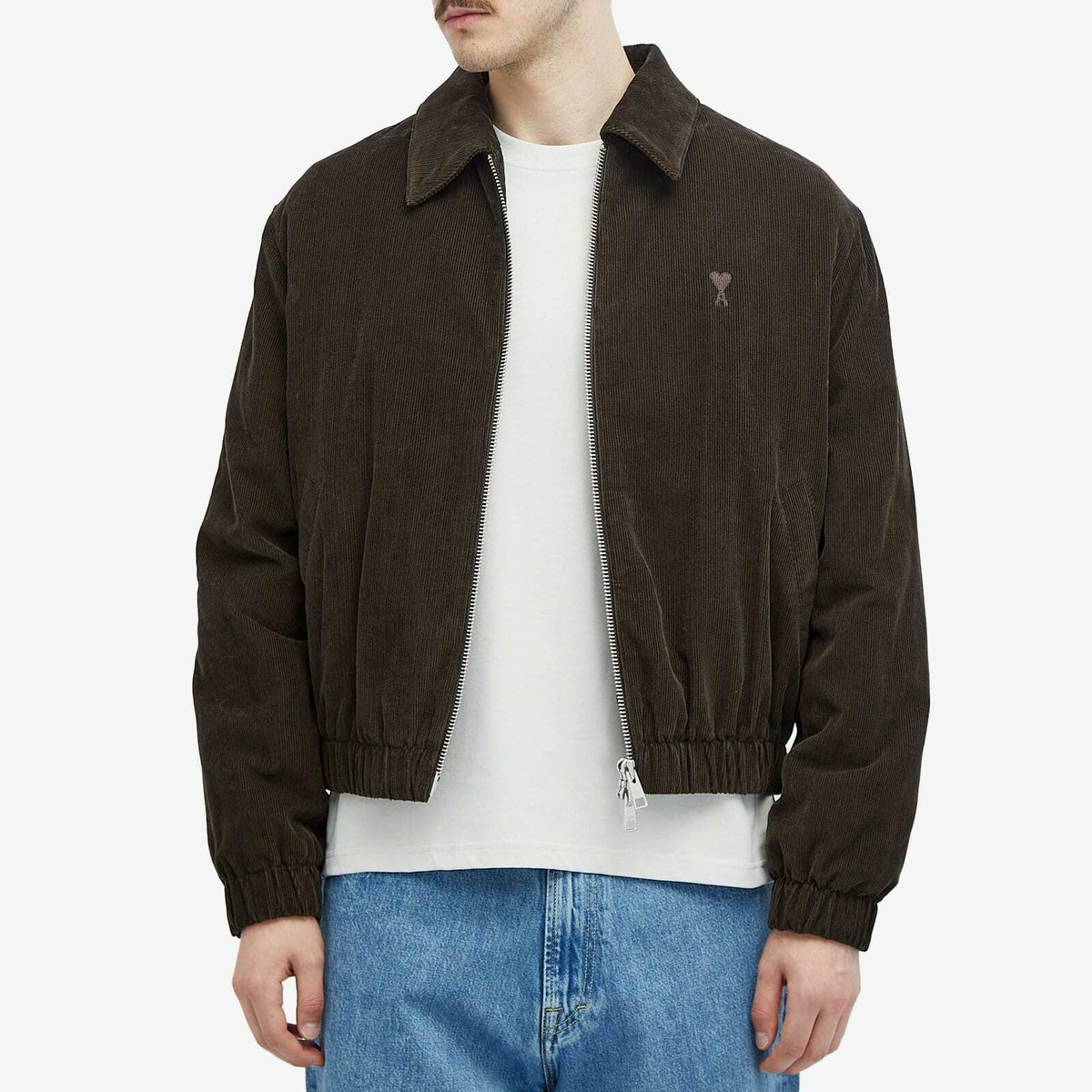 AMI Paris Men's Zipped Corduroy Bomber Jacket in Dark Coffee AMI