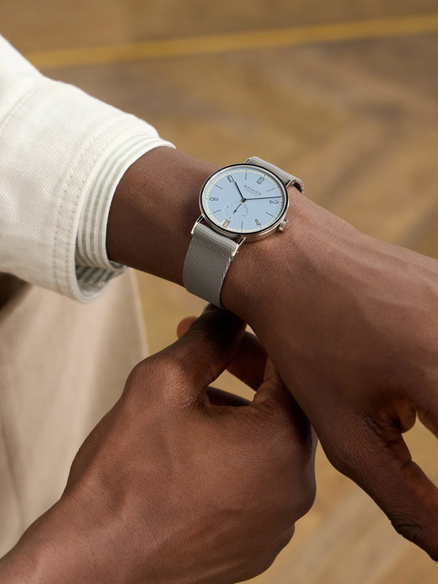 Photo: NOMOS Glashütte - Tangente 38 Date Frostblau Limited Edition Hand-Wound 37.5mm Stainless Steel and Webbing Watch, Ref.No. 179.S23