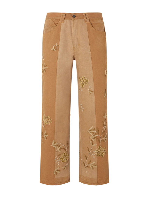 Photo: Kartik Research - Zardozi Bead-Embellished Embroidered Panelled Cotton-Canvas Trousers - Brown