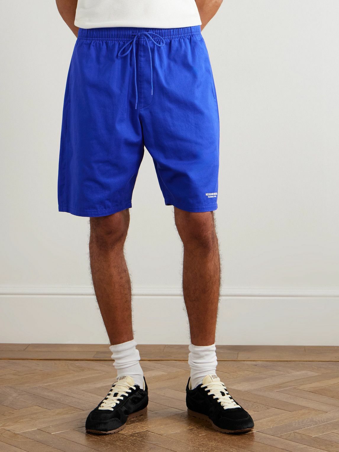Neighborhood - Easy Straight-Leg Logo-Embroidered Cotton-Twill Drawstring Shorts - Blue