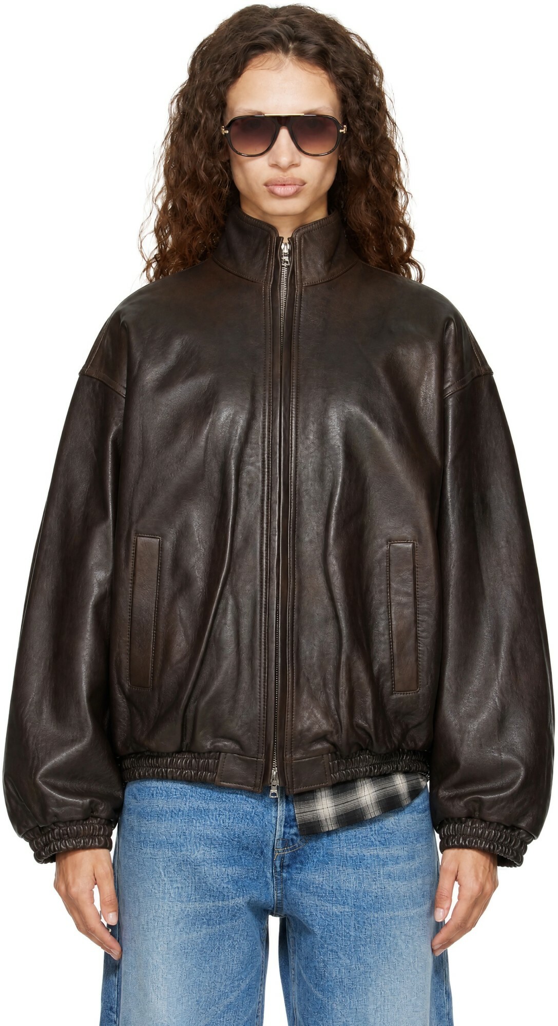 ssstein Brown Stand Collar Sheep Leather Jacket