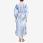 GANNI Women's Stripe Cotton Open-neck Smock Long Dress in Silver Lake Blue