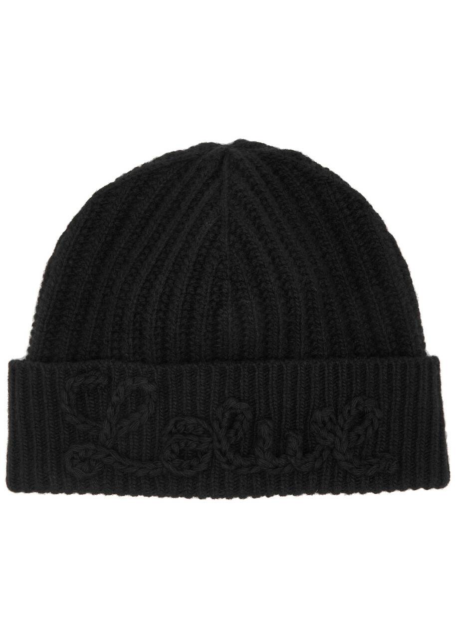 Loewe Logo-appliqué Ribbed Wool Beanie - Black - One Size