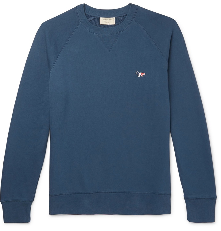 Photo: Maison Kitsuné - Logo-Appliquéd Loopback Cotton-Jersey Sweatshirt - Blue