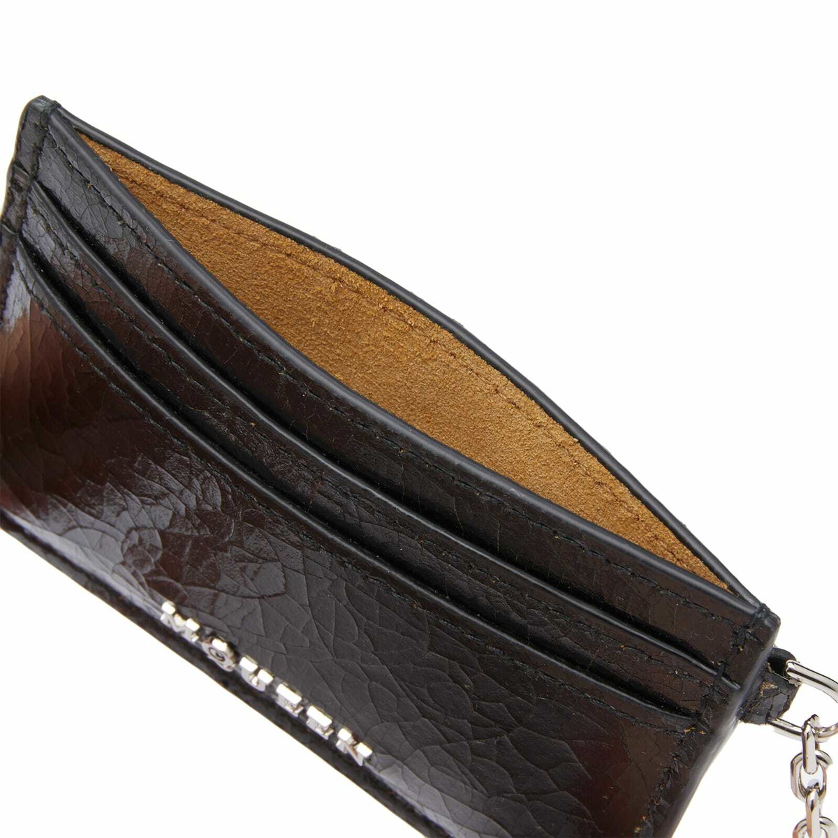 Alexander McQueen Men's Sling Crackled Leather Card Holder in Black/Caramel/Silver 