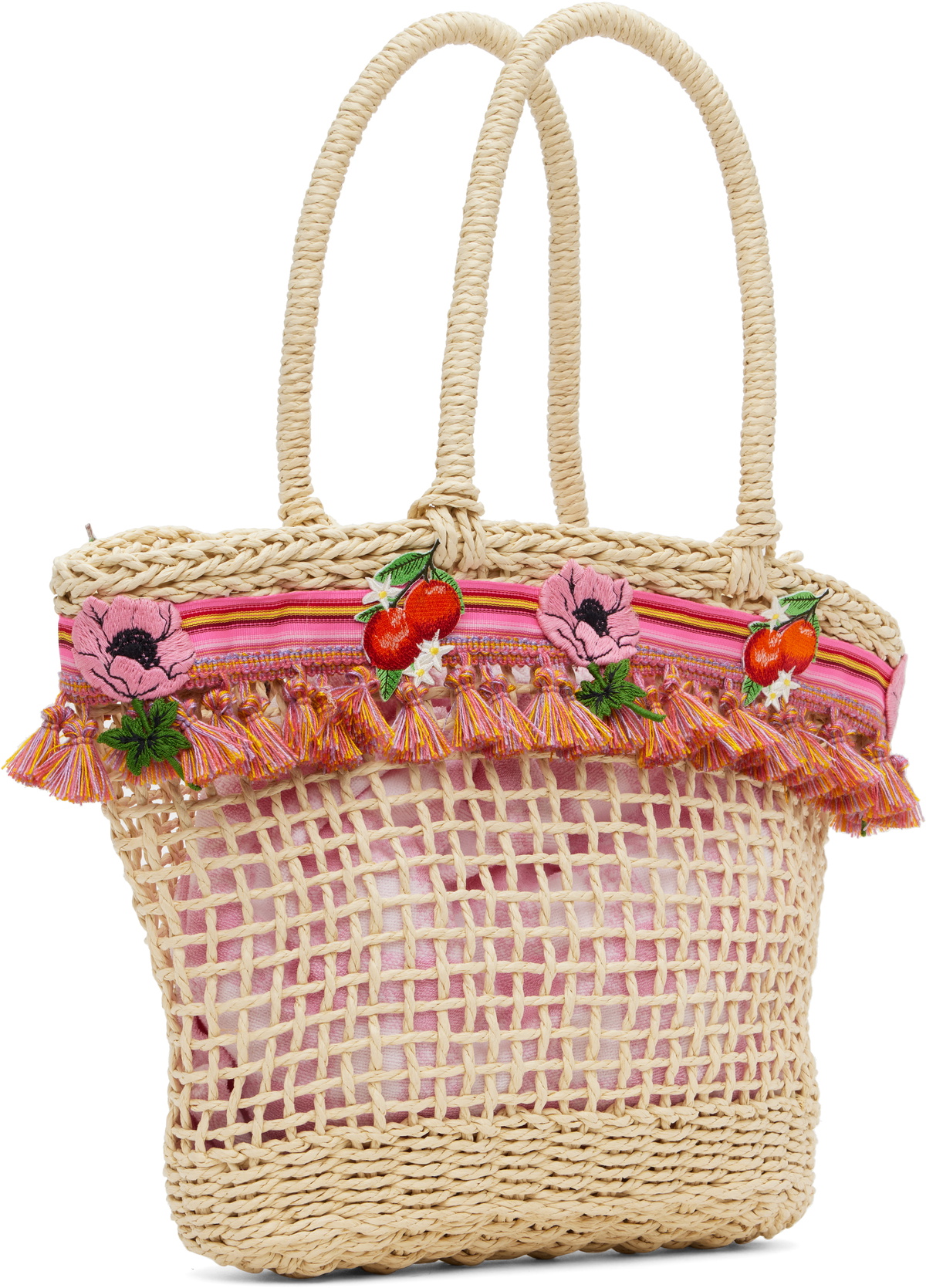 Anna Sui Beige & Pink Raffia Tassel Bag
