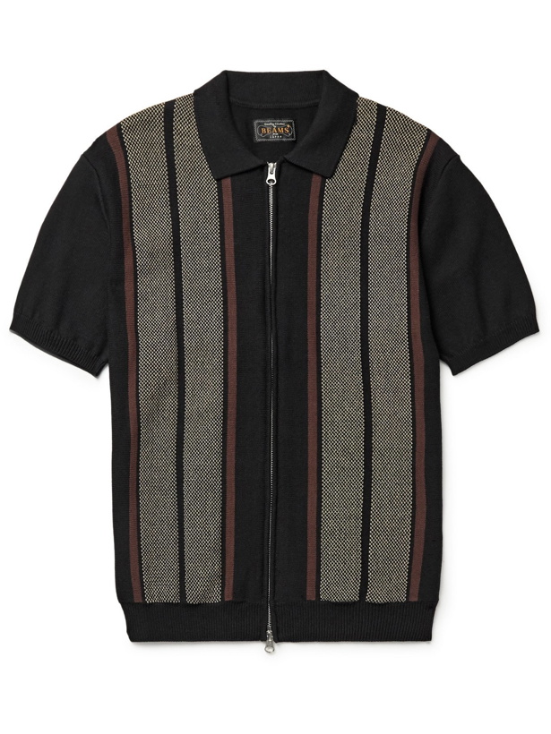 Photo: BEAMS PLUS - Slim-Fit Striped Cotton and Linen-Blend Zip-Up Polo Shirt - Black