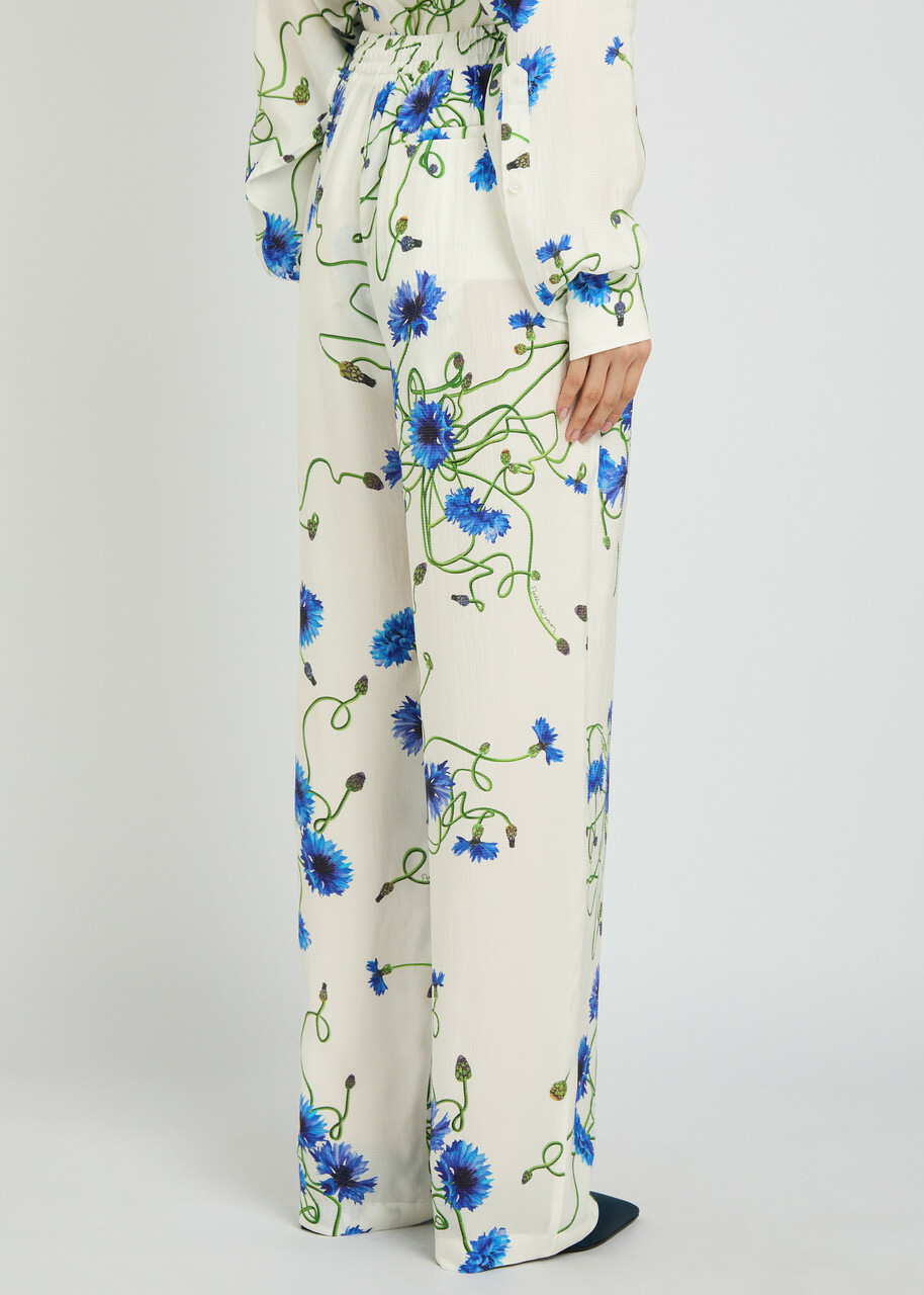 Stella Mccartney Floral Print Straight-leg Textured Satin Trousers White