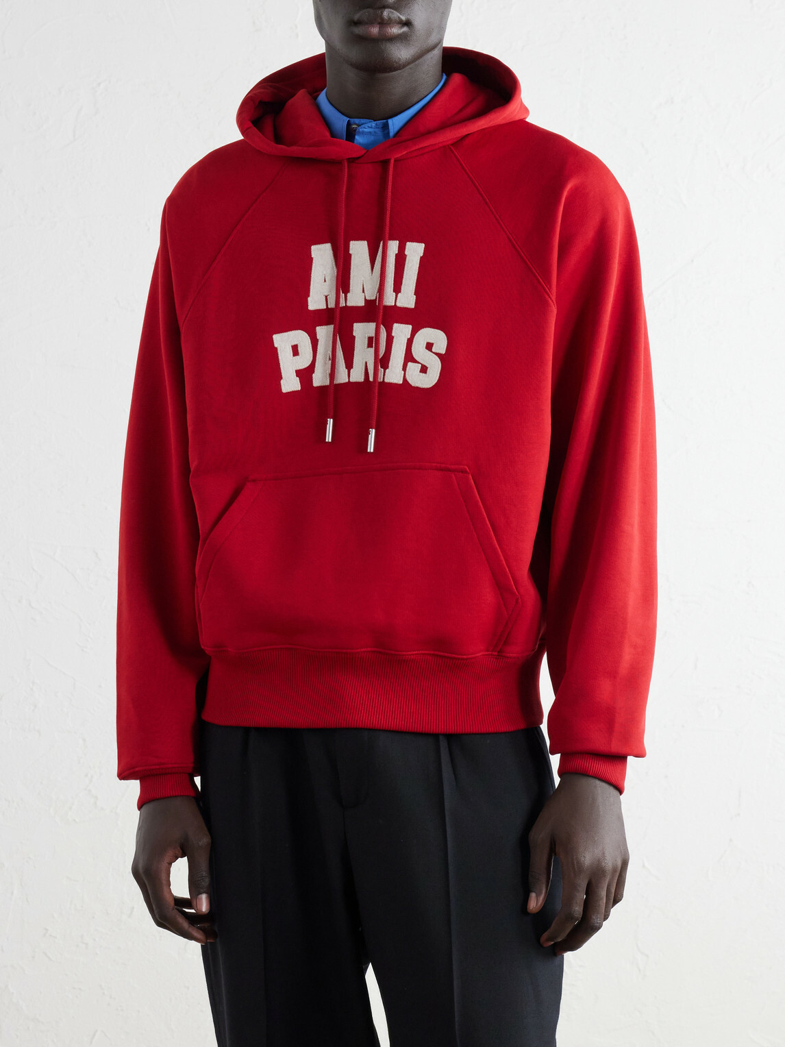 AMI PARIS - Logo-Embroidered Organic Cotton-Fleece Hoodie - Red