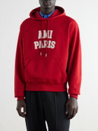AMI PARIS - Logo-Embroidered Organic Cotton-Fleece Hoodie - Red