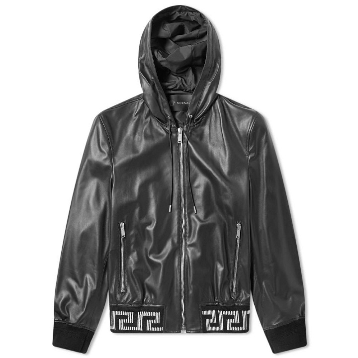 Photo: Versace Hooded Greek Rib Leather Jacket