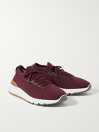 BRUNELLO CUCINELLI - Leather-Trimmed Stretch-Knit Sneakers - Burgundy