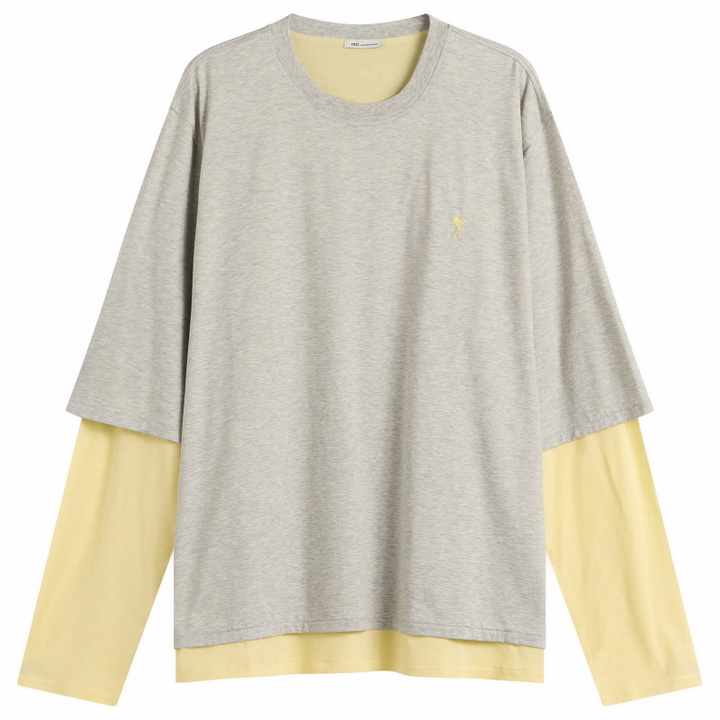 Photo: AMI Paris Men's Mercerised Jersey ADC Double Layer T-Shirt in Gris Chine Clair/Jaune