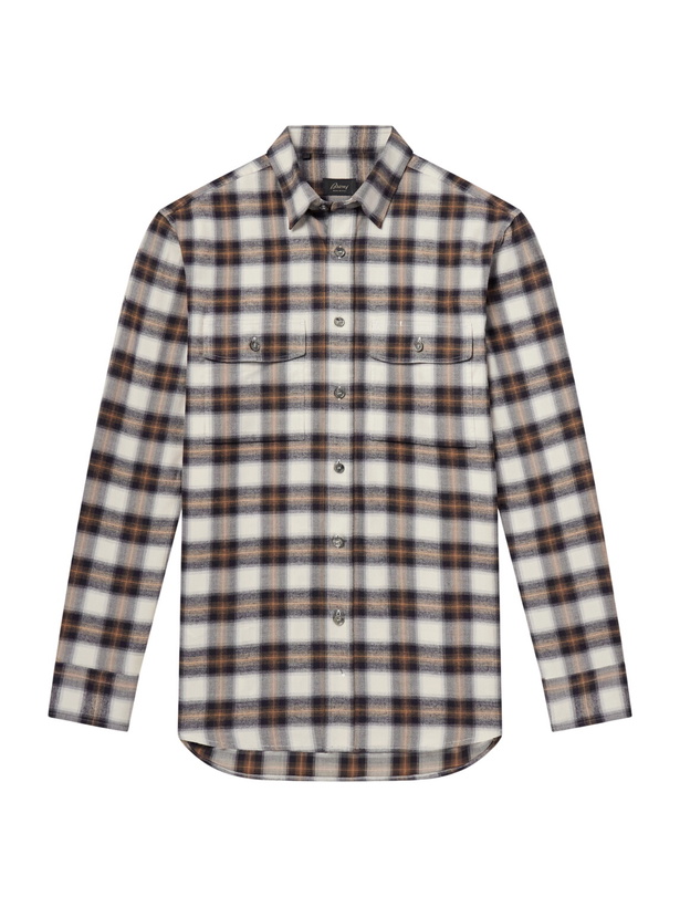 Photo: Brioni - Checked Cotton-Flannel Shirt - White
