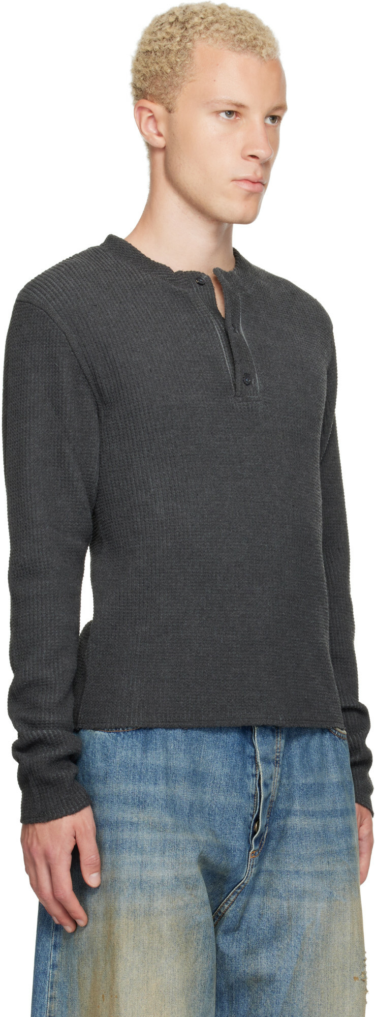 424 Black Long-Sleeve Thermal Jersey Henley