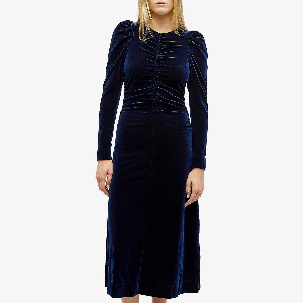 GANNI Women's Velvet Jersey Gathered Maxi Dress in Total Eclipse GANNI