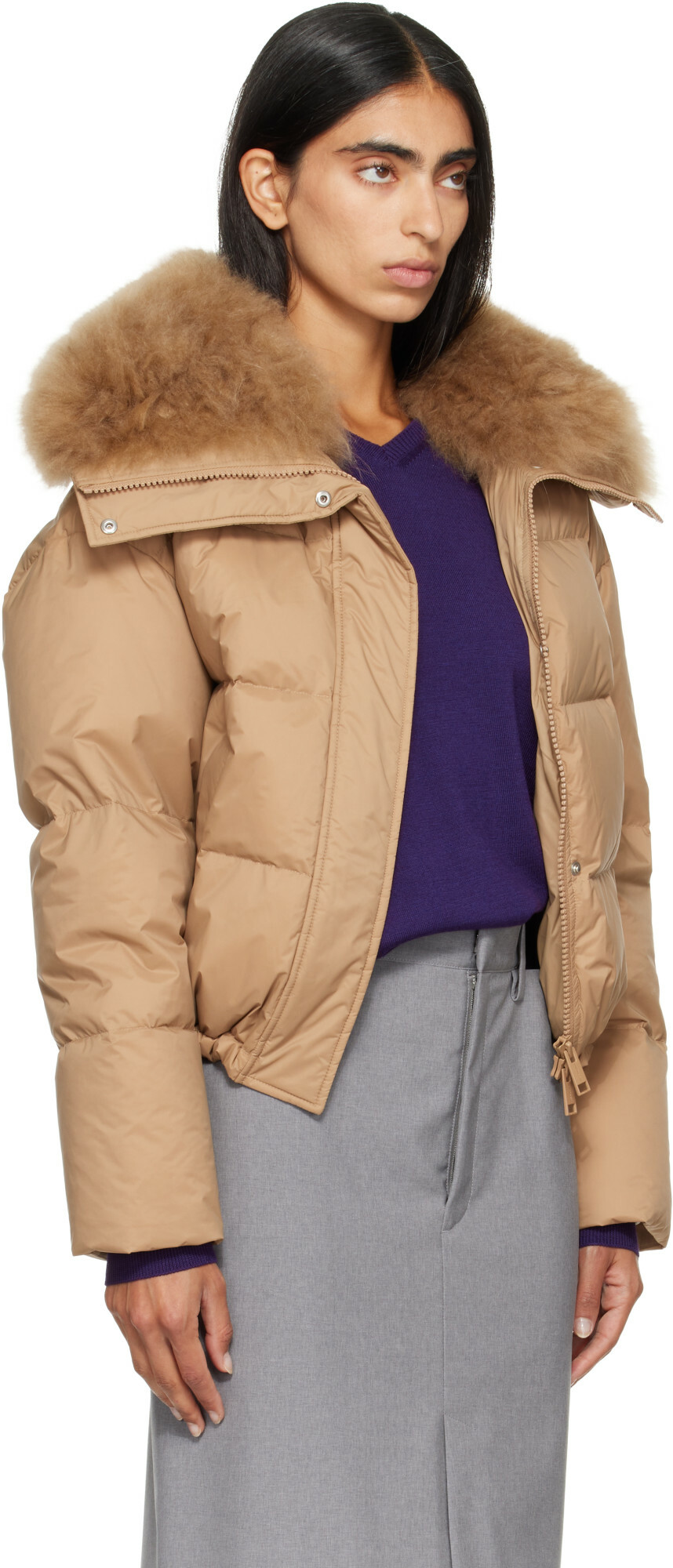 Yves Salomon Beige Waterproof Technical Lambswool Trim Short Down Jacket