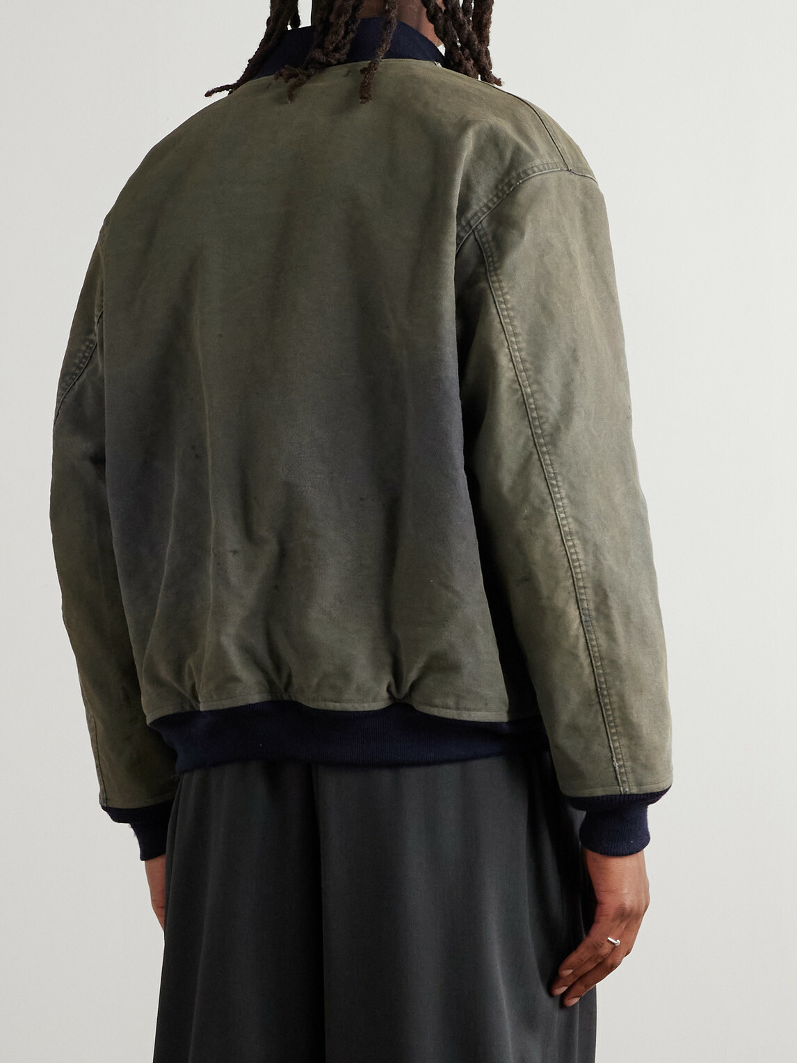 A.PRESSE - Vintage Distressed Ribbed Wool-Trimmed Denim Bomber Jacket - Green
