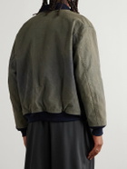 A.PRESSE - Vintage Distressed Ribbed Wool-Trimmed Denim Bomber Jacket - Green