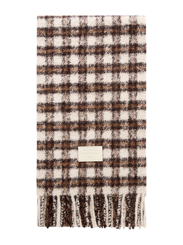 Photo: Acne Studios - Fringed Logo-Appliquéd Leather-Trimmed Knitted Scarf