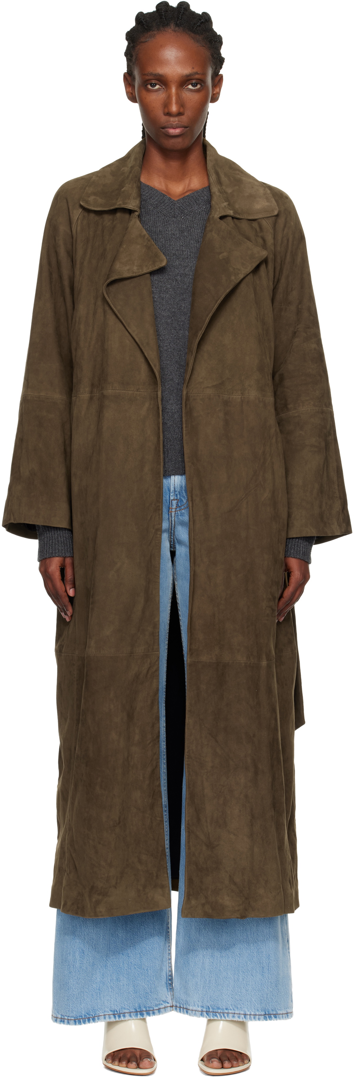 Nour Hammour Green Althea Belted Suede Coat